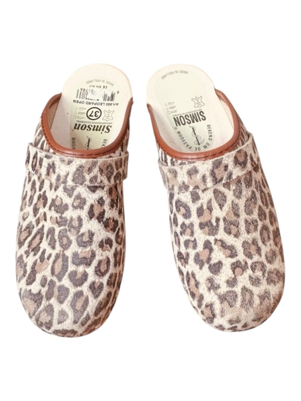 SIMSON Women's Holland Clog Wood Leather Leopard Print Orthopedic Size 37
